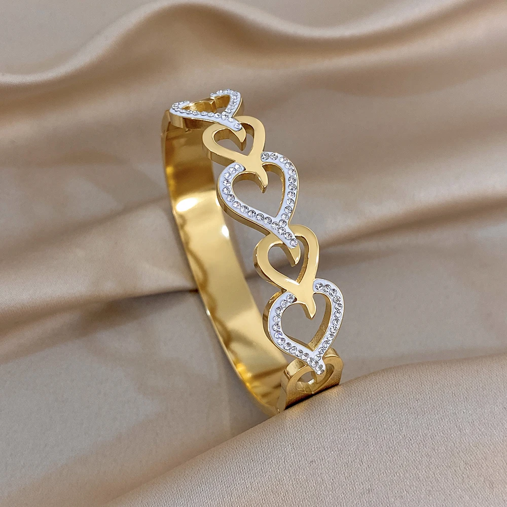 Luxury Stainless Steel Hollow Out Heart Bangle Bracelet for Women Inlaid Shiny Rhinestones Wide Cuff Bracelet Waterproof Jewelry