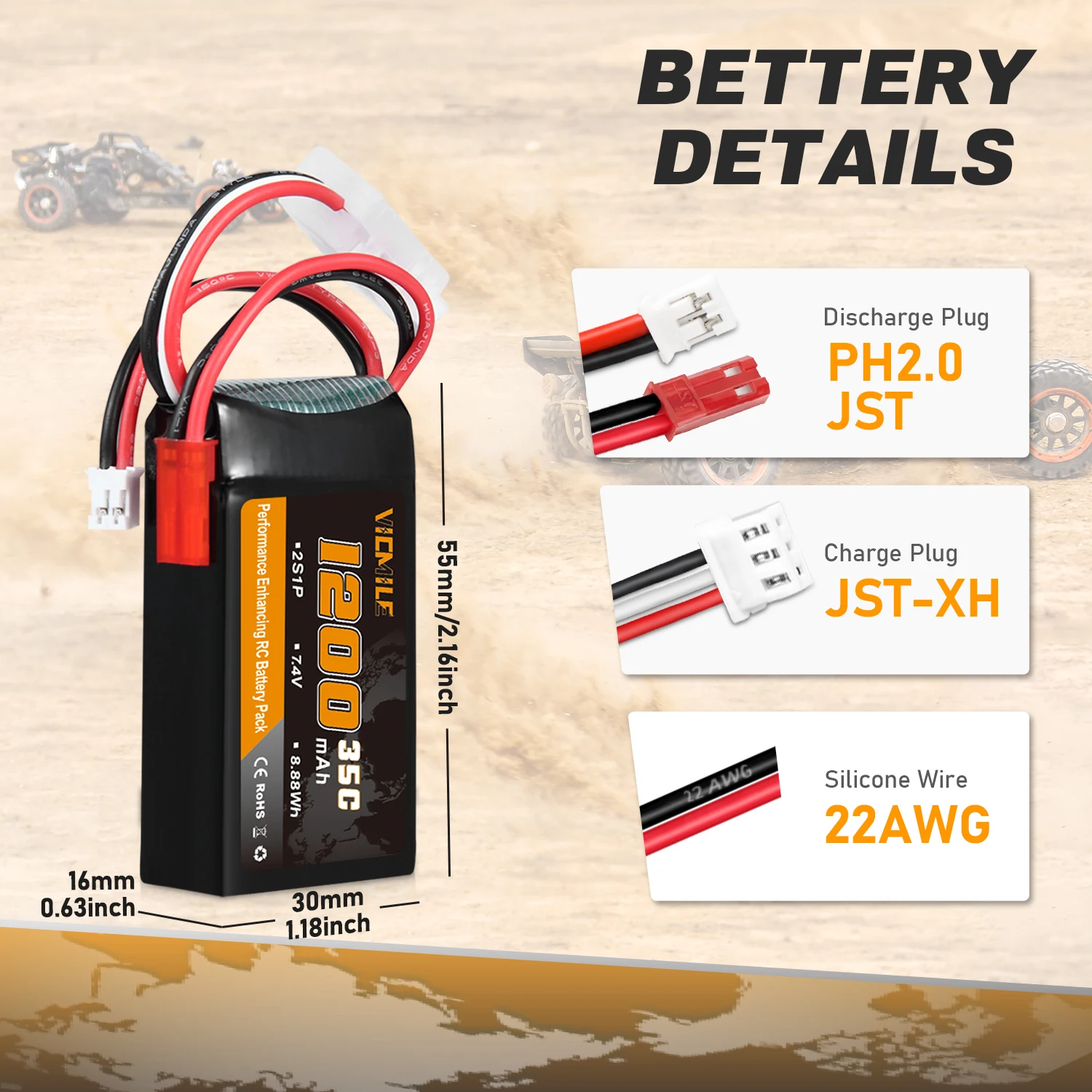 VICMILE SCX24 Battery 7.4V 1200mAh Lipo Battery 2S 35C with PH2.0 JST Plug Fit for SCX24 RC Car WLtoys A949 A959 A969 A979 K929