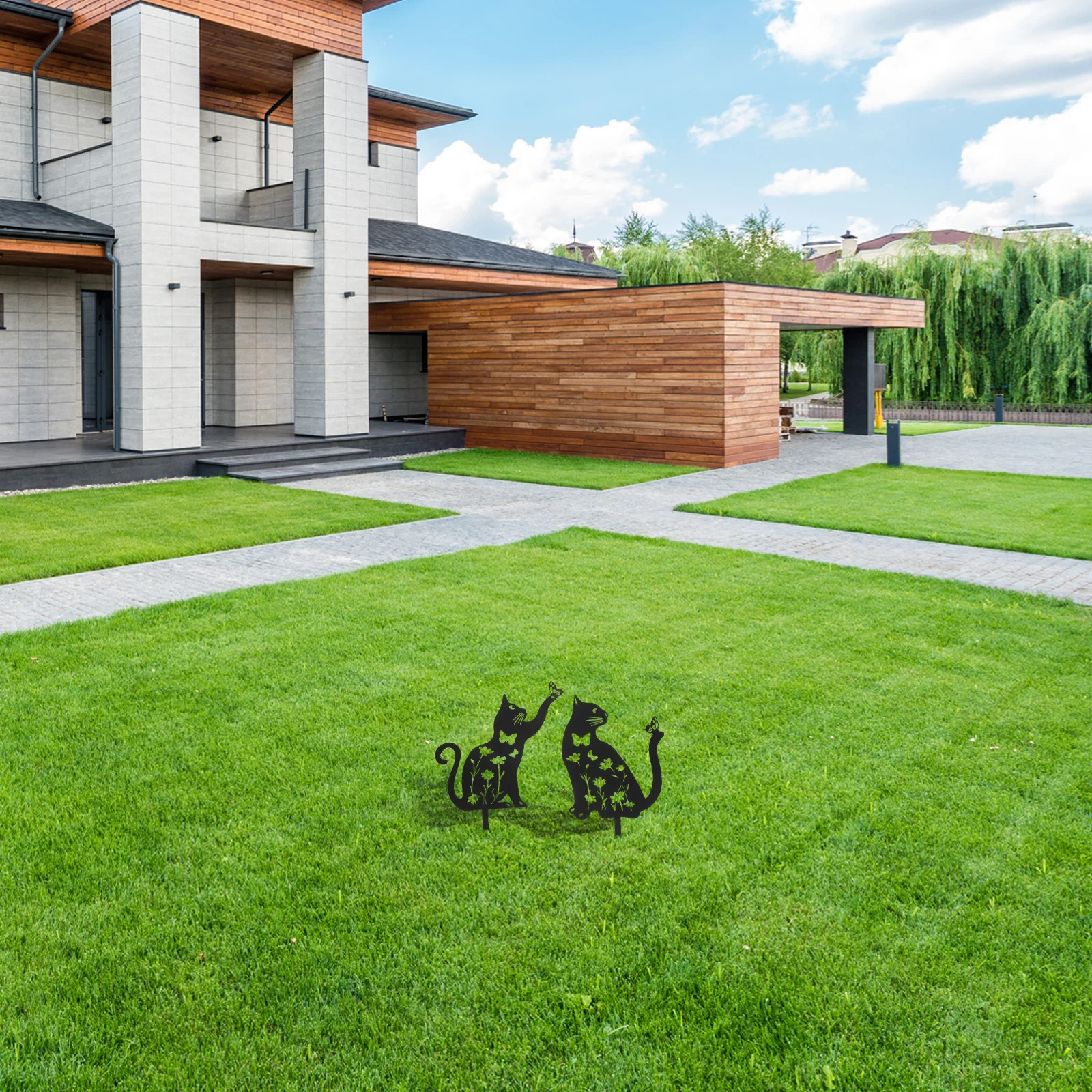 

2Pcs Metal Cat Garden Decor Charming Playful Design Weatherresistant Ornament Garden Cat Sculpture Metal Decoration