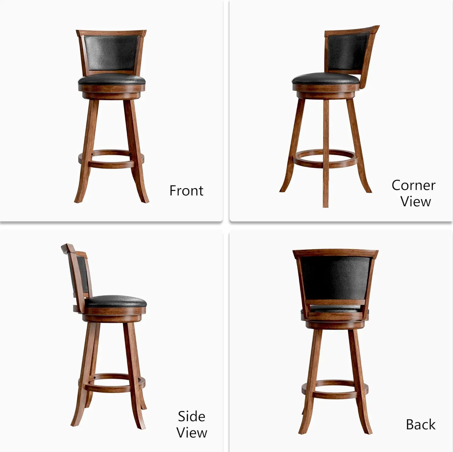 회전식 바 스툴 2개 세트, 갈색 인조 가죽, 등받이 및 발판 포함, 견고한 나무 다리