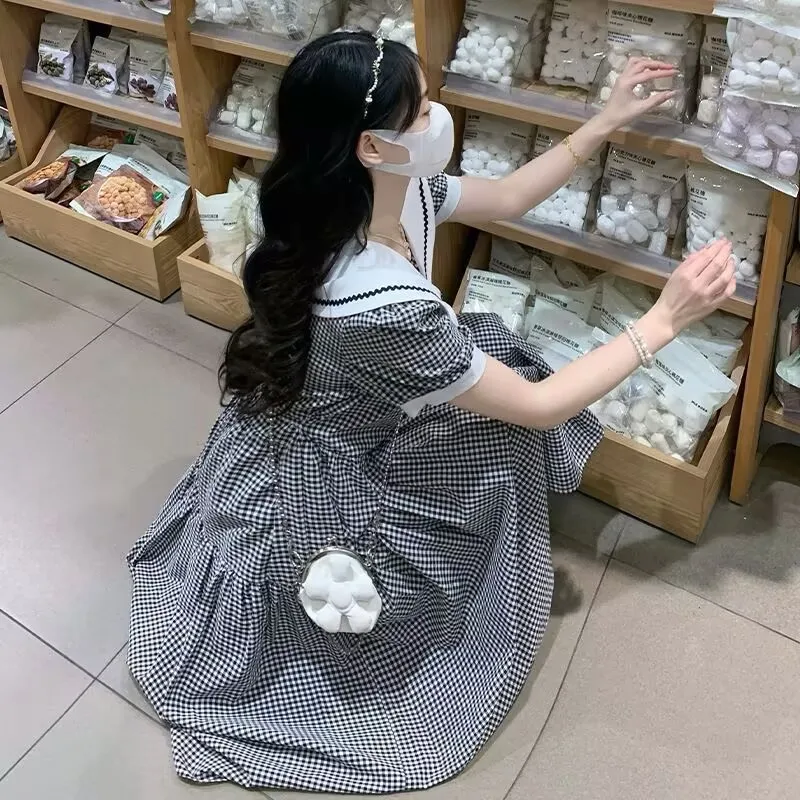 かわいいガールドレスルーズプラスサイズ学生カレッジスタイルガール甘いネイビーカラーオーバーニードレス夏の新しい Y2k ドレス