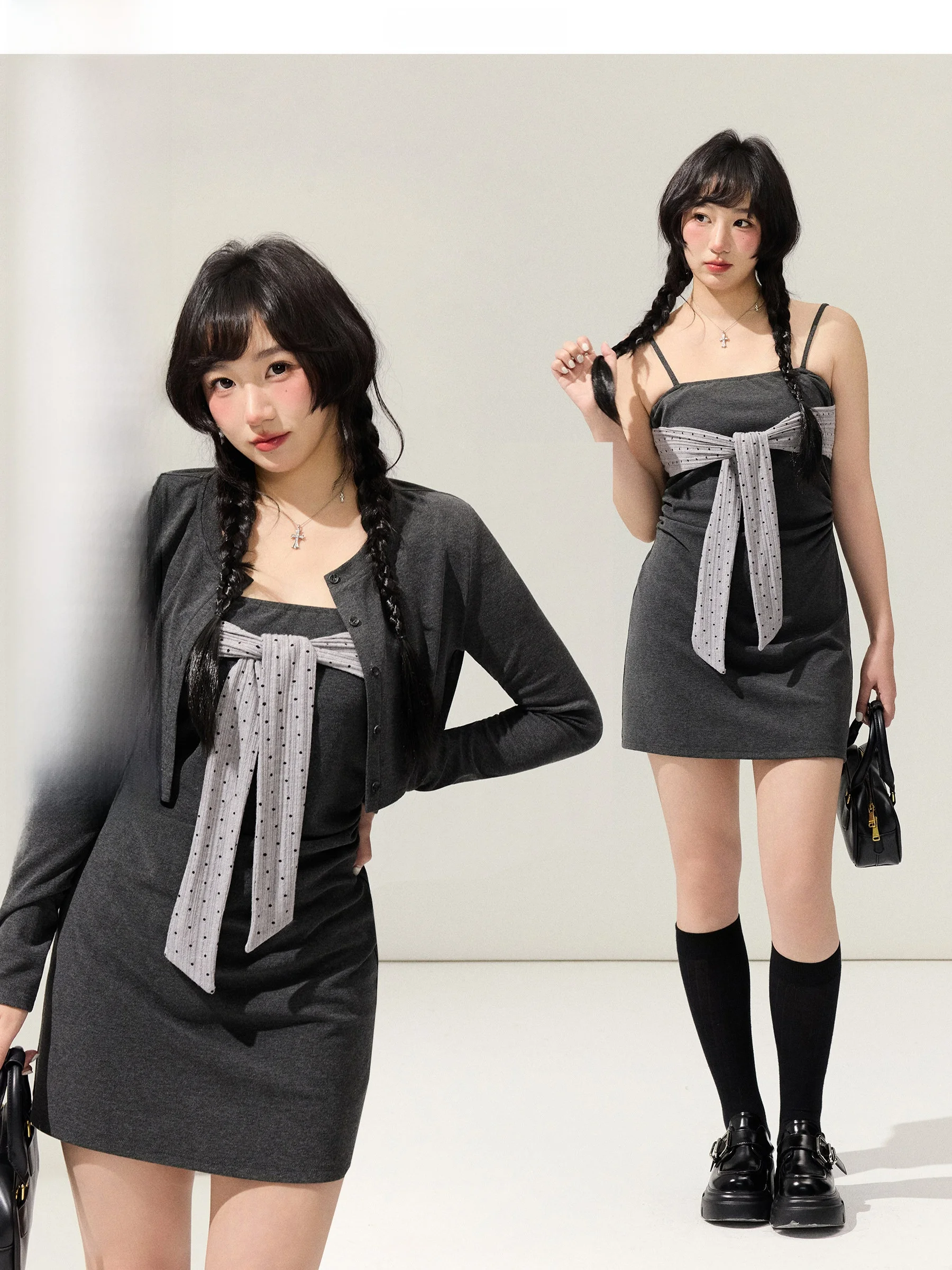 

Модный комплект из кардигана и платья в горошек с поясом для полных женщин, удобный для повседневной носки