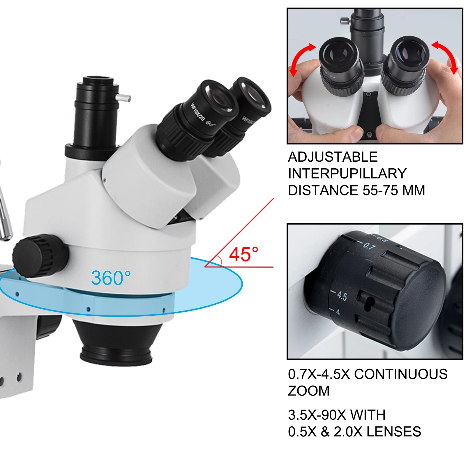 VEVOR Microscopio Stereo Simul-Focale 3.5X-90X Microscopio Stereo Trinoculare 360 ° Orientabile con Doppio Braccio Accessori con 4/ 5 Copriobiettivo