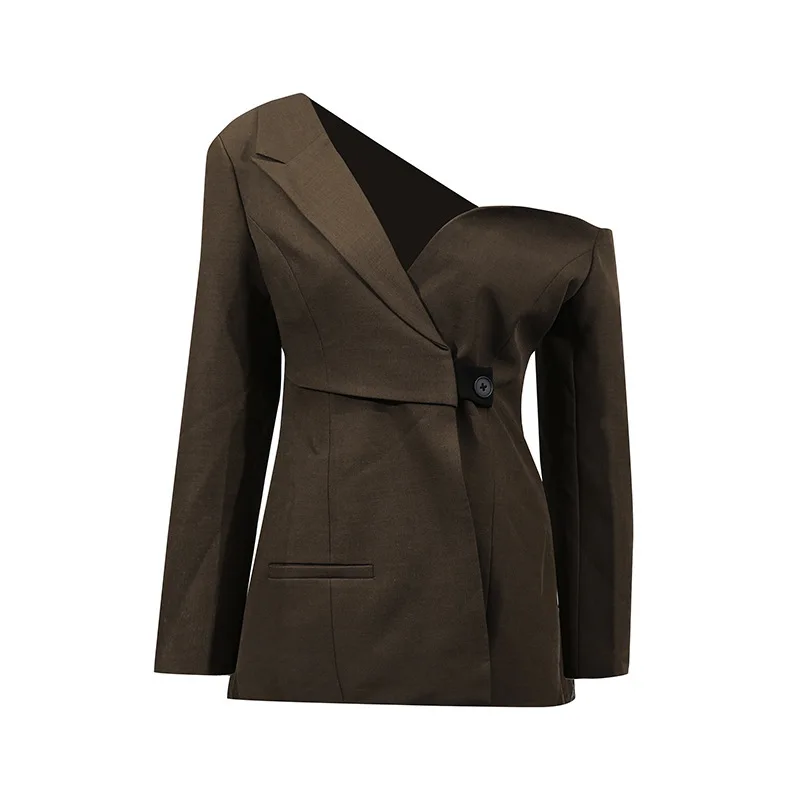 EAEOVNI Designer Mode Blazer Jas Vrouwen V-hals Off Schouder Knop Patchwork Onregelmatig Ontwerp Bovenkleding Jas Nieuwe Kleding