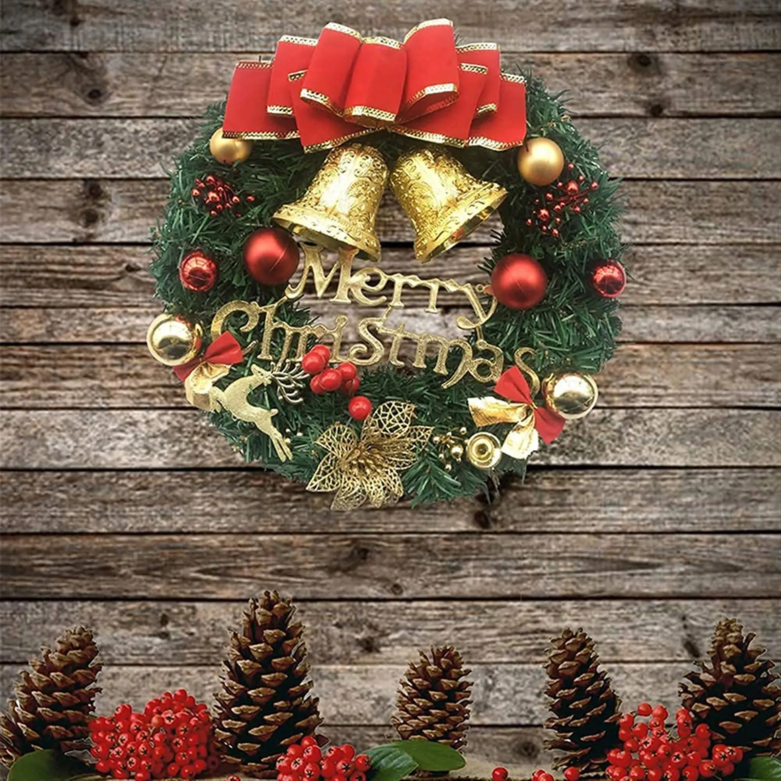 Artificial Merry Christmas Wreath with Bow Christmas Door Hanging Rattan Ornament Garland Christmas Suitable for Home Decoration