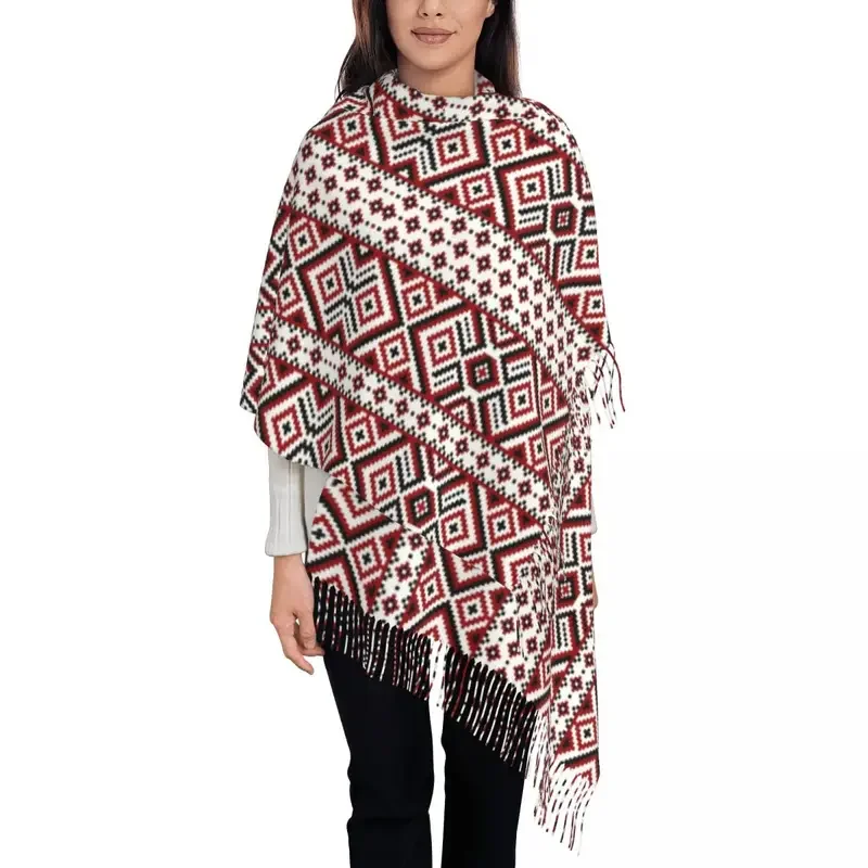 Ukraine Ukrainian Embroidery Red And Black Tassel Scarf Women Soft Bohemian Geometric Shawls Wraps Female Winter Scarves