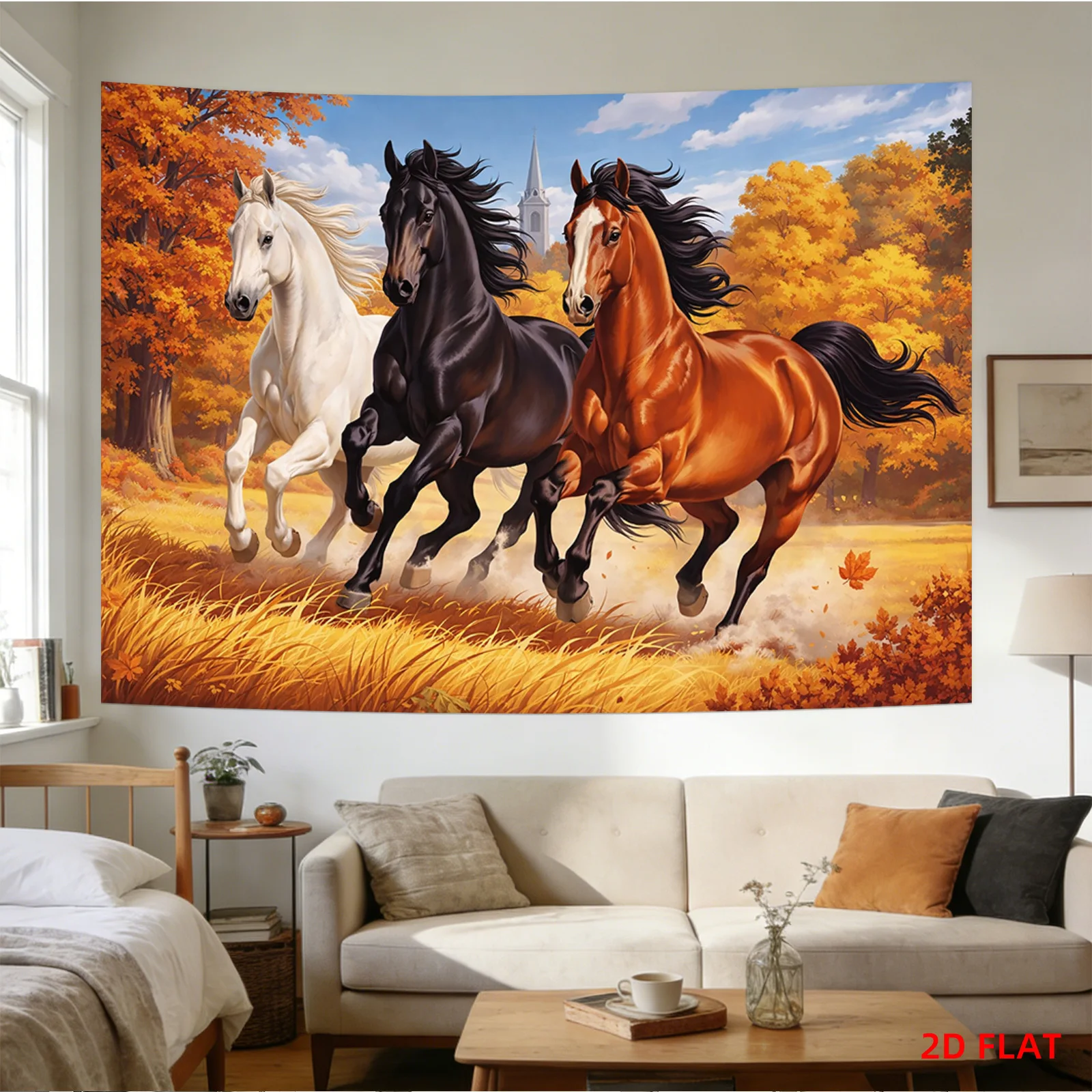 Three Running Horses Tapestry with Autumn Trees Golden Grass and Church Spire 180x280cm Wall Decor