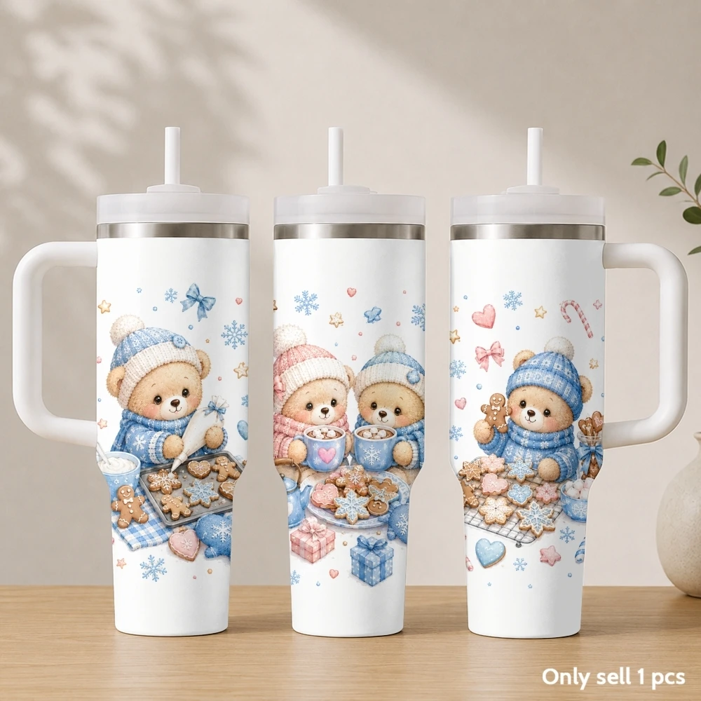 Cute and soothing little bear Vacuum Flasks 40oz Stainless Steel Insulated Tumbler with Handle & Straw Leakproof Travel Mug