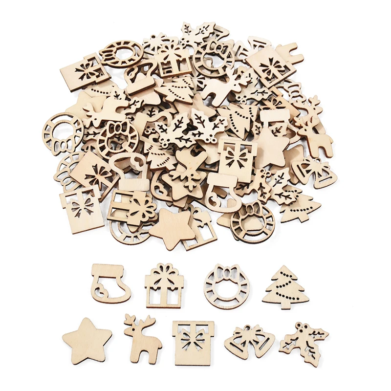 50Pcs Christmas Wooden Ornaments Unfinished Wood Slices Xmas Tree Pendants Navidad Home Decoration 2025 New Year DIY Crafts Gift