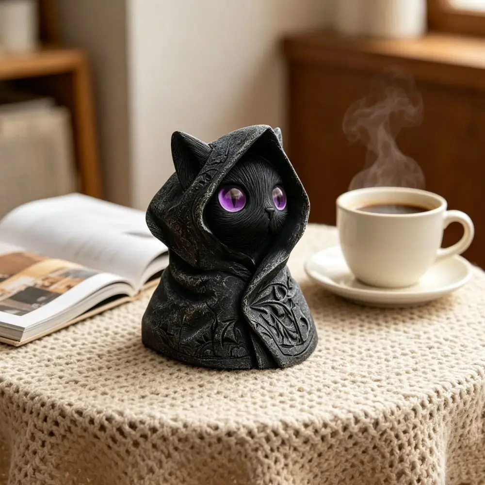 Cat Decor Figurines 3D Printed Cat Sculpture Decoration Gothic Mystical Cat Statue Hooded Cloak Cat Ornaments Collectible