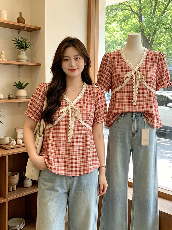 

plus Size Korean Plaid V-Neck Short Sleeve Shirt Women's Summer New Doll Shirt Anti-Aging Top Korean Style Breathable Skin-Fr...