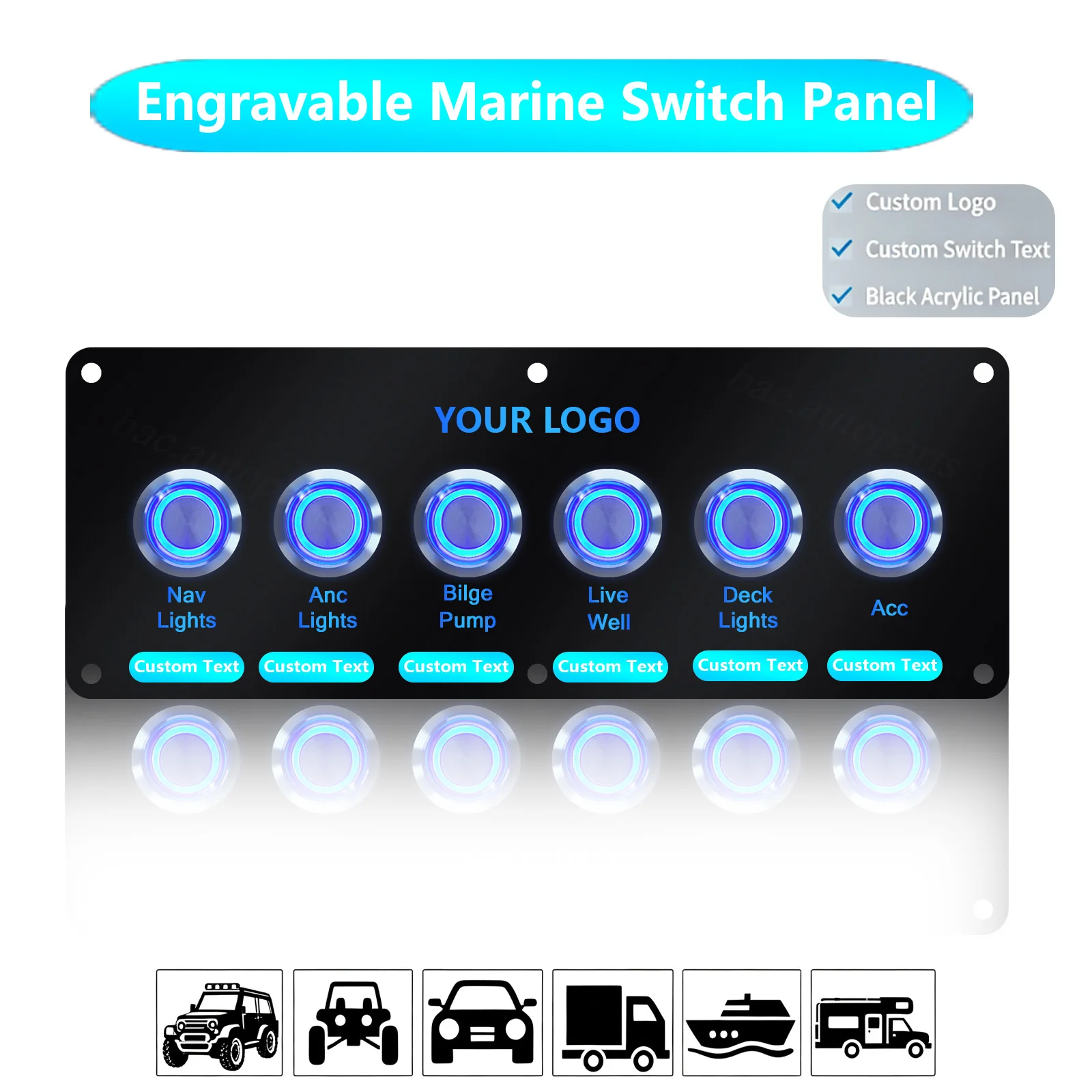 Boat Blue LED Metal Push Button Marine Switch Panel Custom Logo Engravable Switch Labels 12V Waterproof Dashboard Control Panel