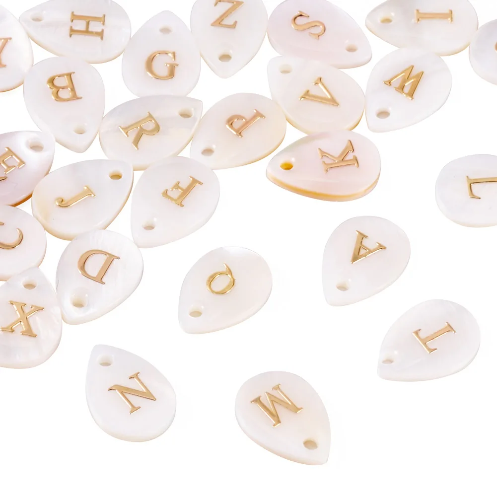 26Pcs Natural Shell Letter A~Z Pendants Teardrop Charms with Metal Alphabet Slices for DIY Jewelry Making Accessories 13x9x2mm