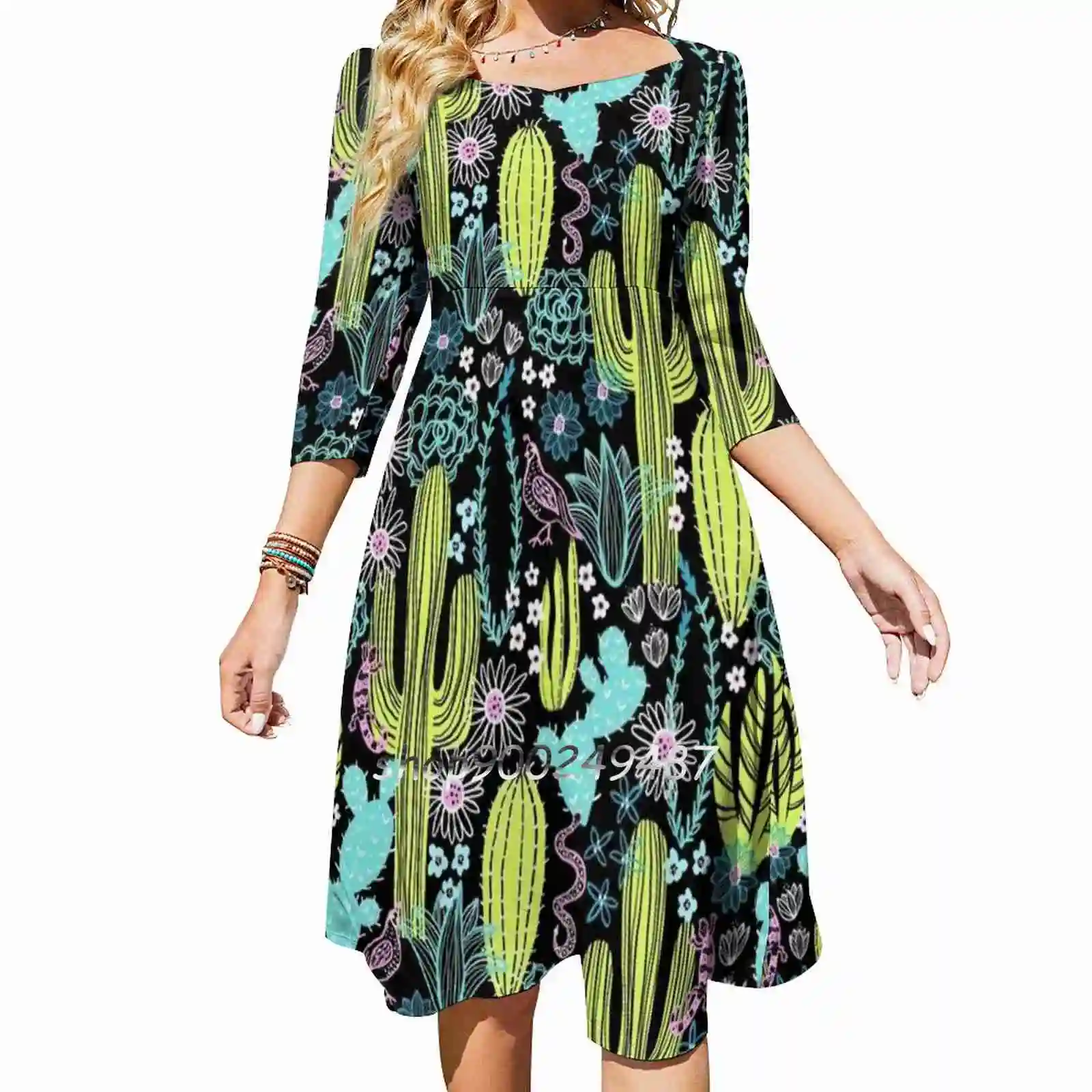 Sonoran Landscape Evening Party Dresses Midi Sexy Dress Female Sweet One Piece Dress Korean Cactus Sonoran Desert Cacti Saguaro