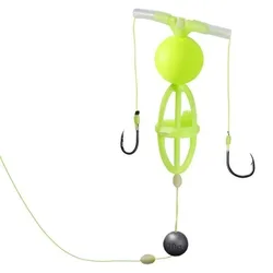 1 Juego de sedal de pesca de carpa mejorado con anzuelos dobles, jaula para cebo, flotador, sedal de pesca de plástico de alto índice verde, 2 anzuelos, herramientas de pesca