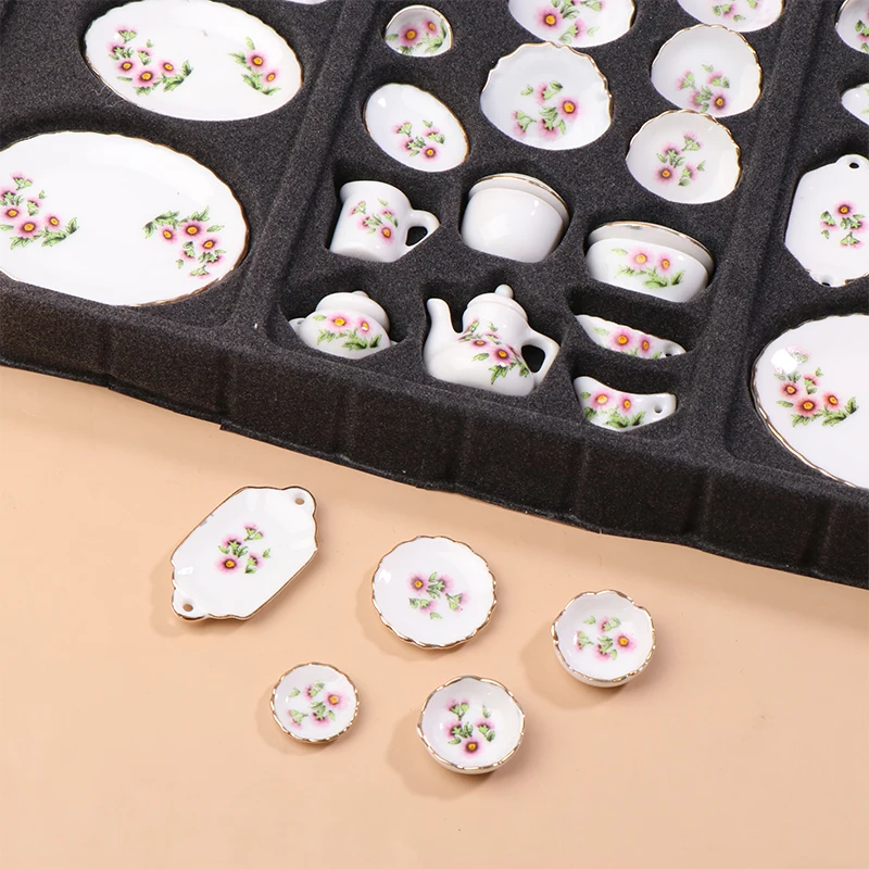 46Pcs 1/12 Dollhouse Ceramics Kitchen Tea Set Tableware Coffee Tea Cup Bottle Set Doll Home Kitchen Decor Dolls Pretend Play Toy
