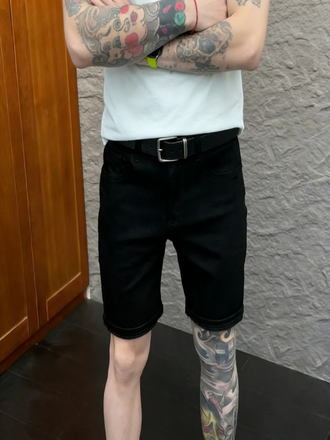 

Мужские черные джинсовые шорты-скинни стрейч, облегающие, повседневные, в уличном стиле