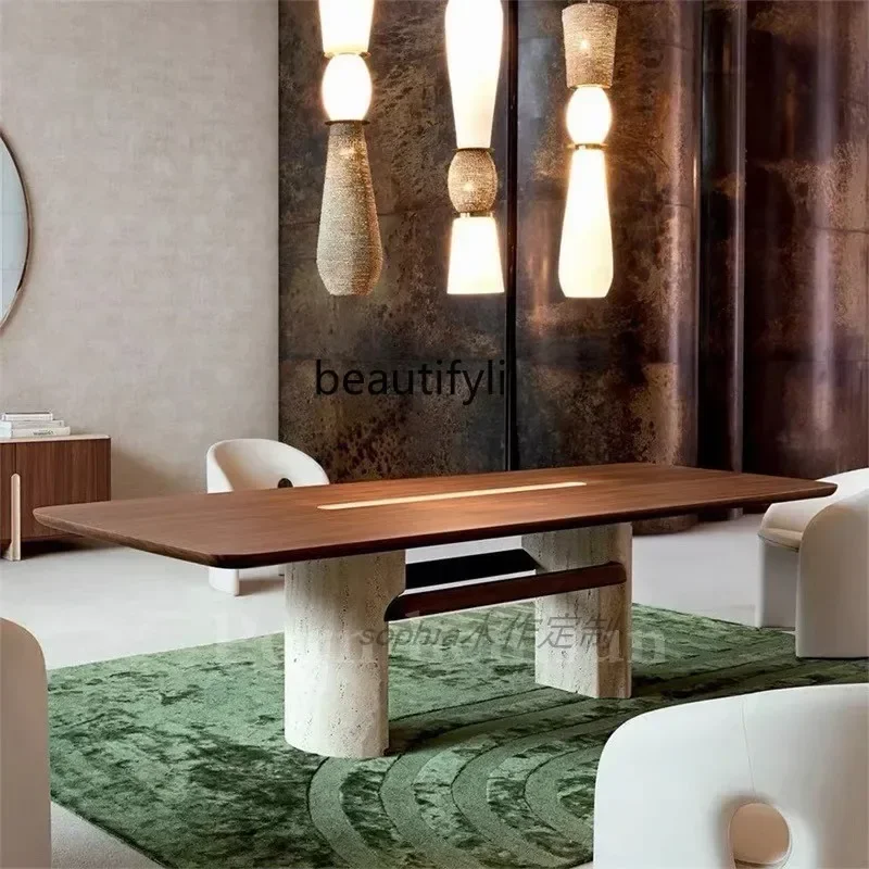 V French light luxury solid wood dining table designer villa, medieval minimalist travertine rectangular table