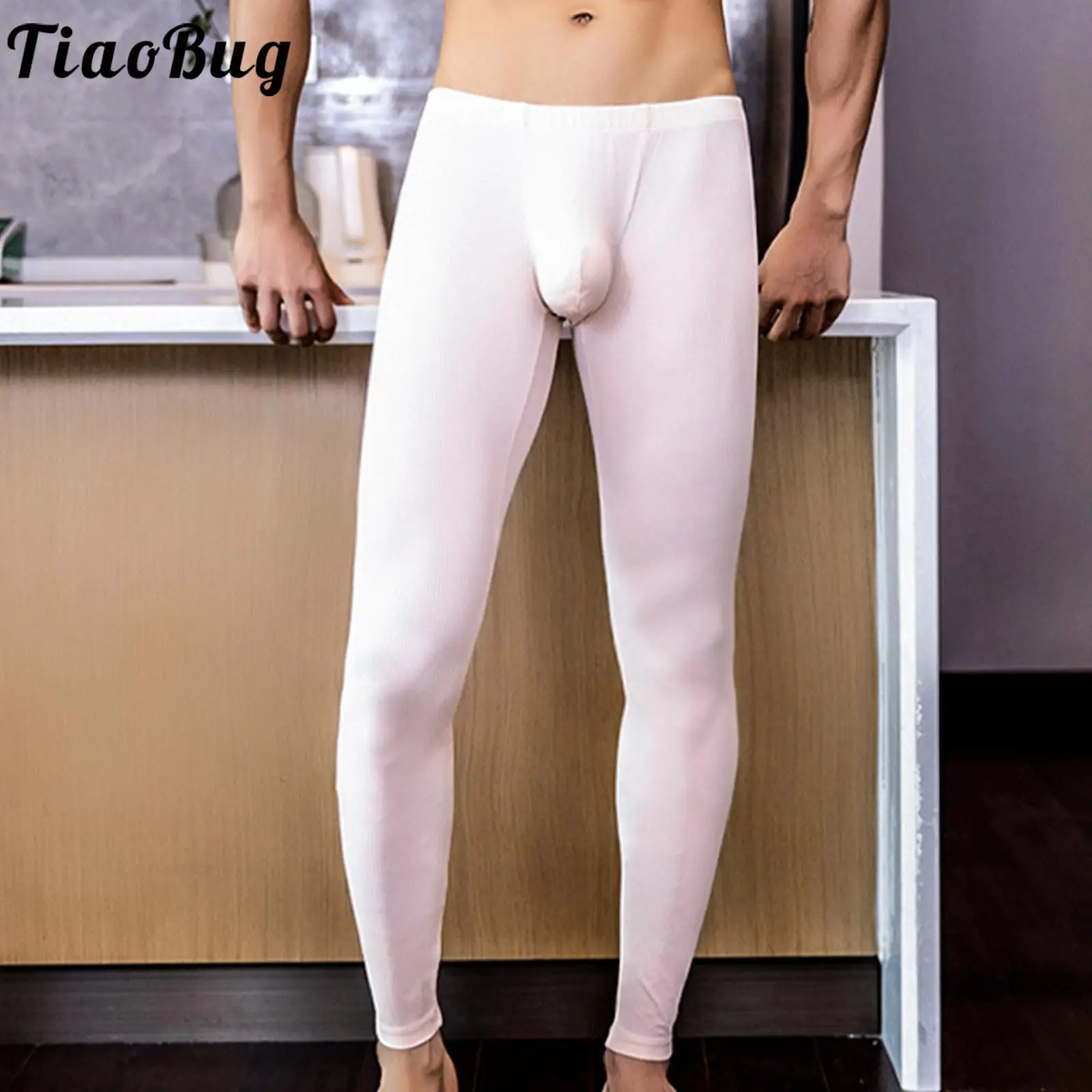 

Sexy Mens Solid Color Stretchy Ribbed Sports Leggings Elastic Waistband Breathable Soft Bulge Pouch Skinny Pants for Gym Yoga