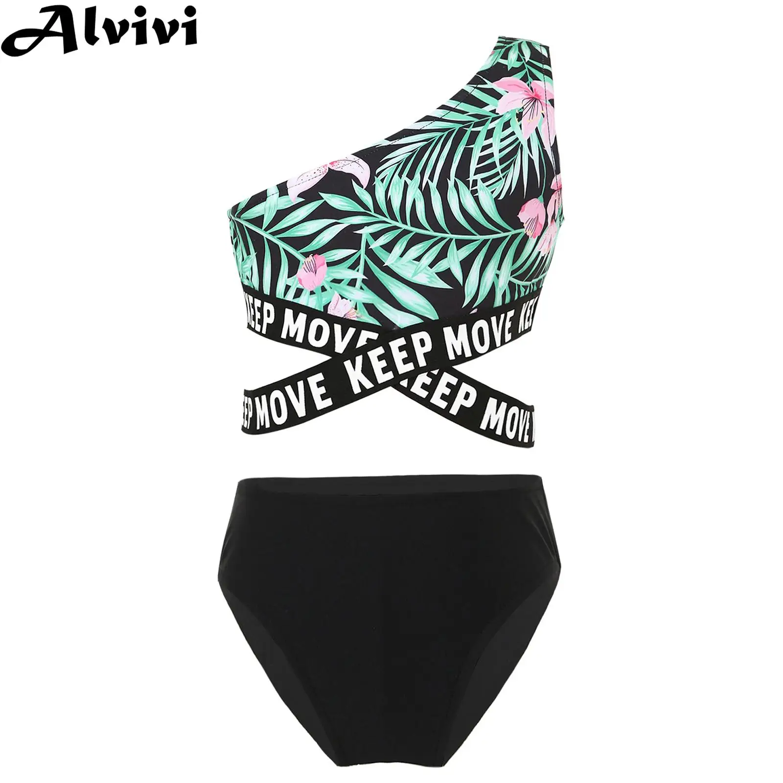 

Kids Girls Two-piece Swimsuit Tankini Asymmetric Shoulder Strap Print Crop Top and Briefs Set Beachwear Bathing Suit Sportswear