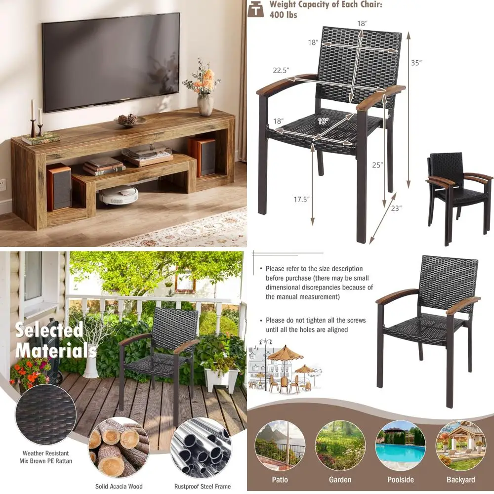 Ensemble de 2 chaises de salle à manger pour patio extérieur, fauteuils empilables en osier et rotin avec cadre en acier pour une utilisation intérieure et extérieure