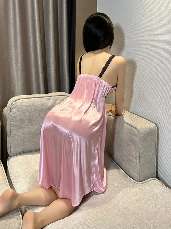 Suspender Nightgown For Summer Women, Backless, Pure Desire Thin Satin Clothes Dress Elegant Pink Sweet Korean Women F57K