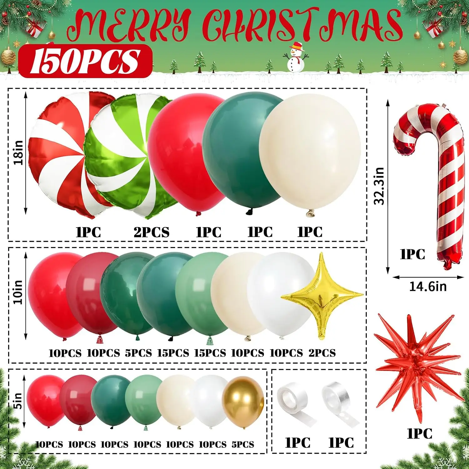 150 PCS Christmas Balloon Arch Kit, Red Green White Balloon Garland Kit with Sage Green Sand Translucent Green Latex Balloons Metallic Gold Balloons, Candy Cane Star Foil Balloons for Xmas Party Decor