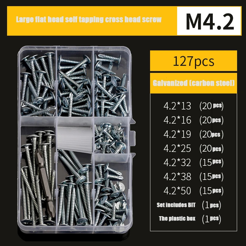 M4.2 Galvanized Carbon Set Large Flat Head Phillips Self Tapping Screws Drilling Tail Screw Complimentary plastic box BIT