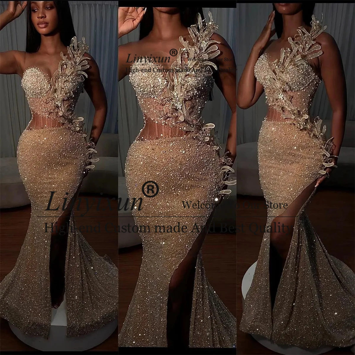 Sparkly Beaded Floral Mermaid Prom Dress Sexy High Slit Sequin Shiny Customized Evening Party Gowns Dubai Arabic Robe De Bal