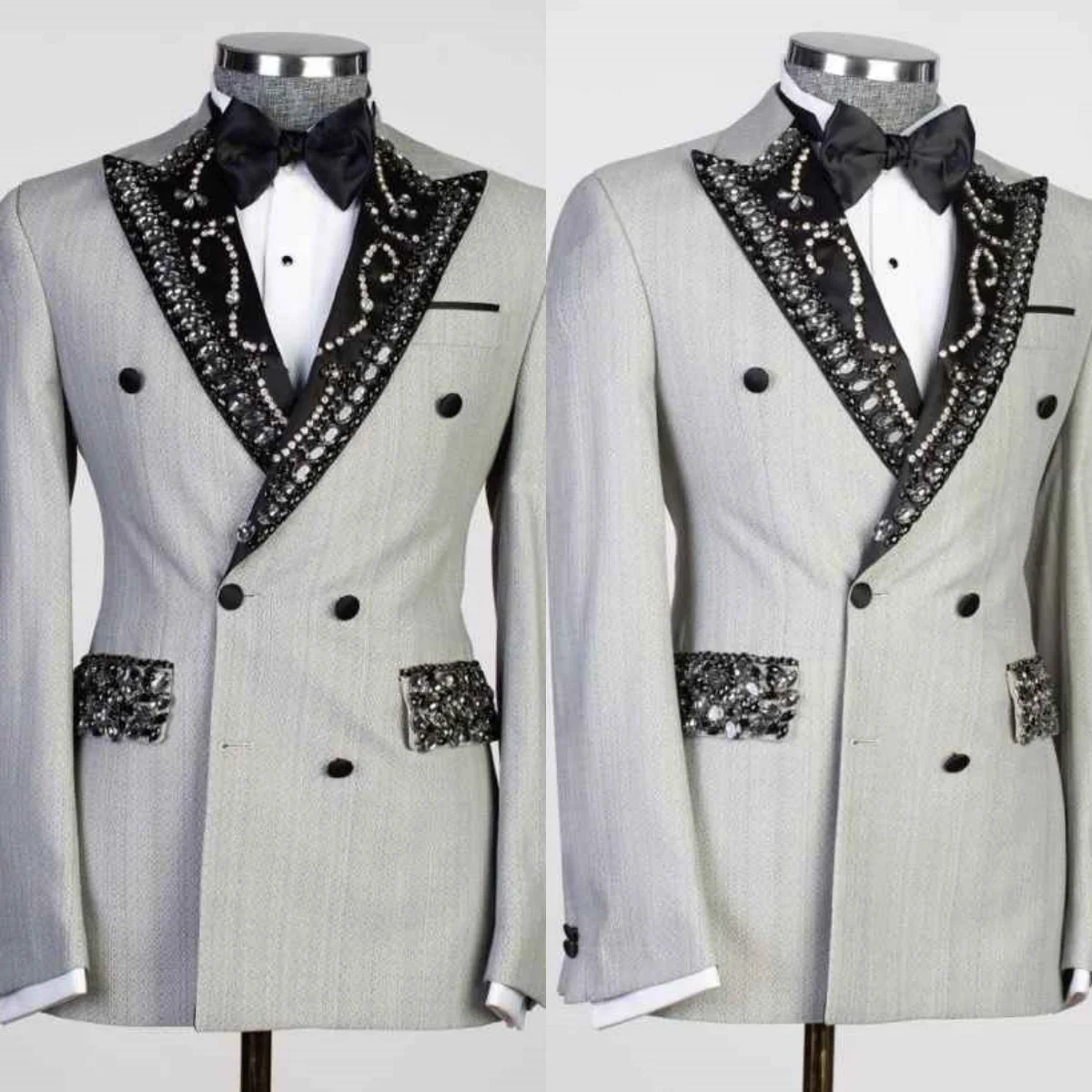 

Modern Men Suits Double Breasted Peaked Lapel Jacket Sets Crystals Classic Fit 2 Pieces Customized Formal Party Customized