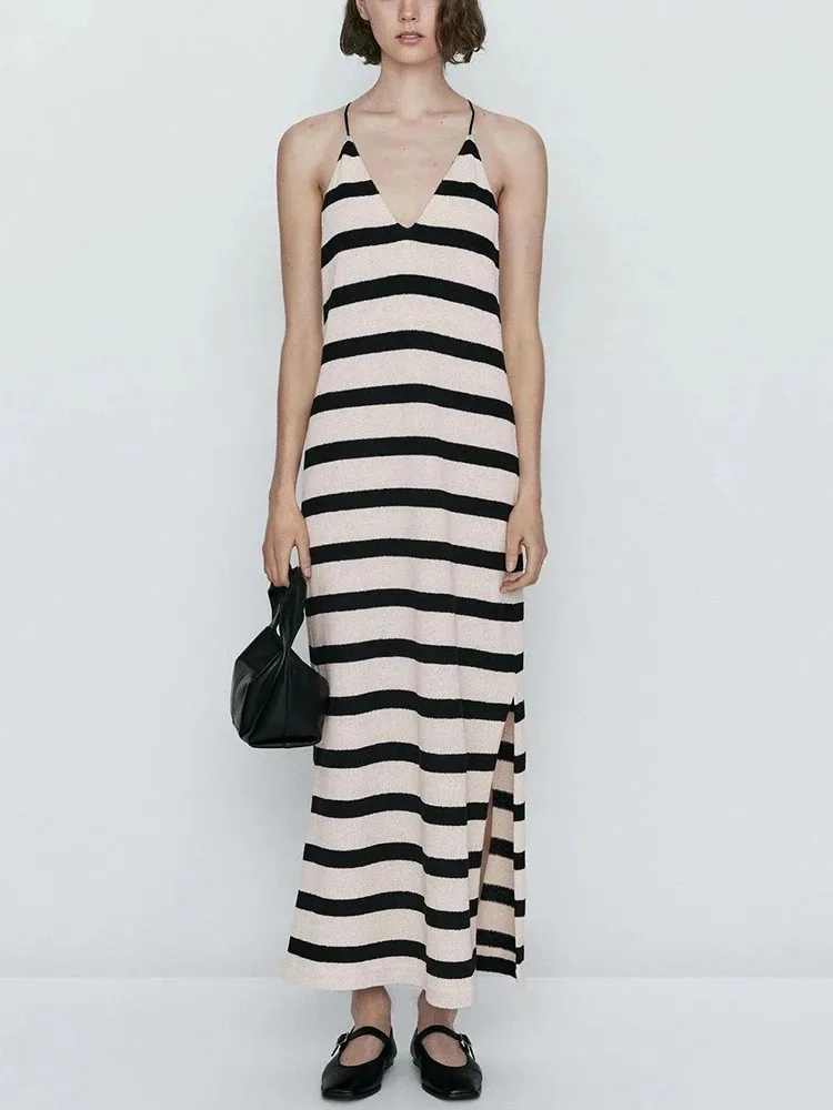 Women's V-Neck Spaghetti Strap Midi Dress Fashion Elegant Stripe Printed Dress Sleeveless Casual Loose Midi Dresses