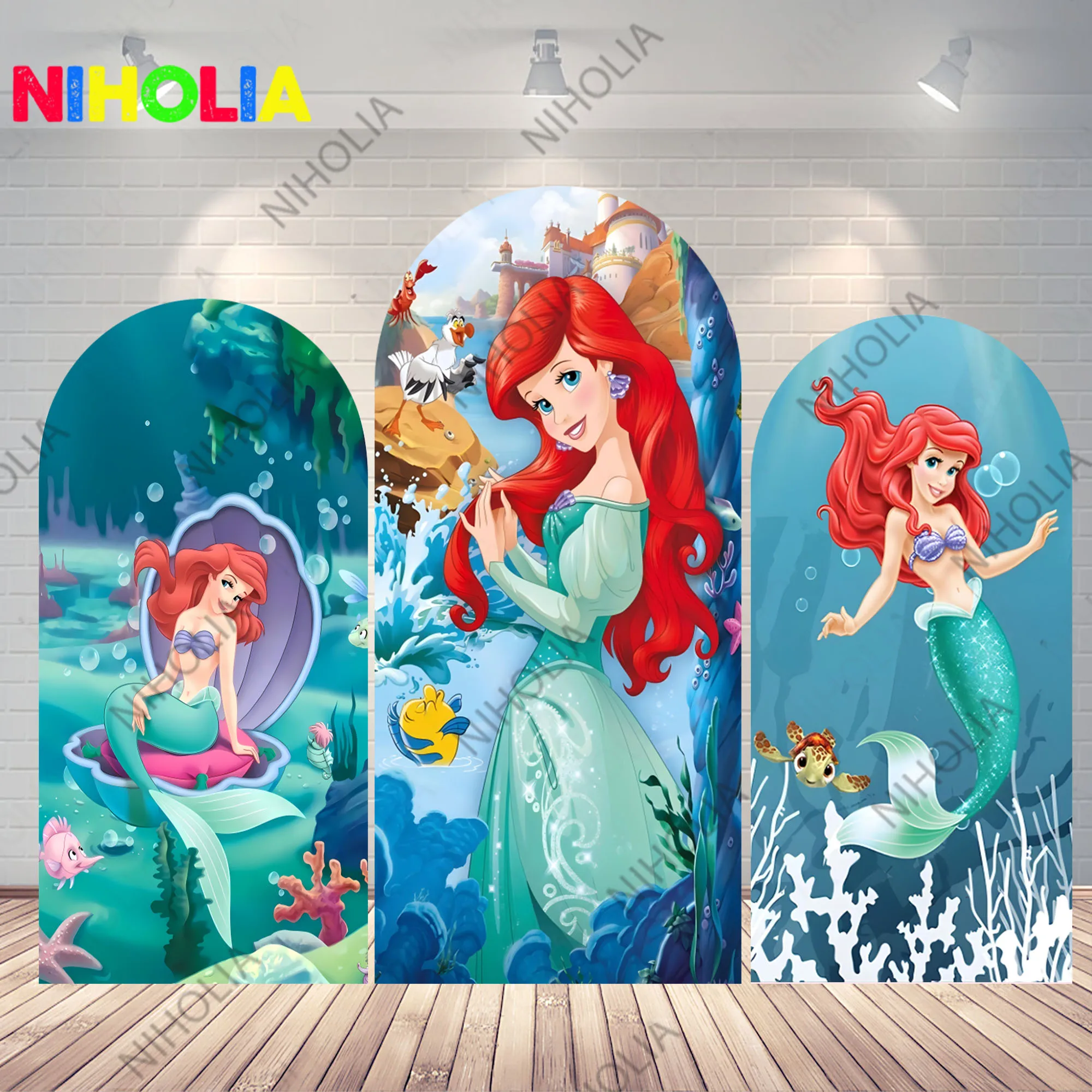 

Disney Mermaid Photo Backdrop Arch Covers Kids Birthday Party Baby Shower Background Doubleside Photography Booth Props