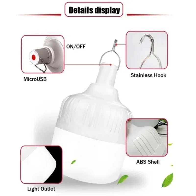 130W LED Camping Bulb Lamp USB Rechargeable Bulb Lamp Portable Light Outdoor IP67 Emergency Tent Lighting Lamp Bulb With Hook