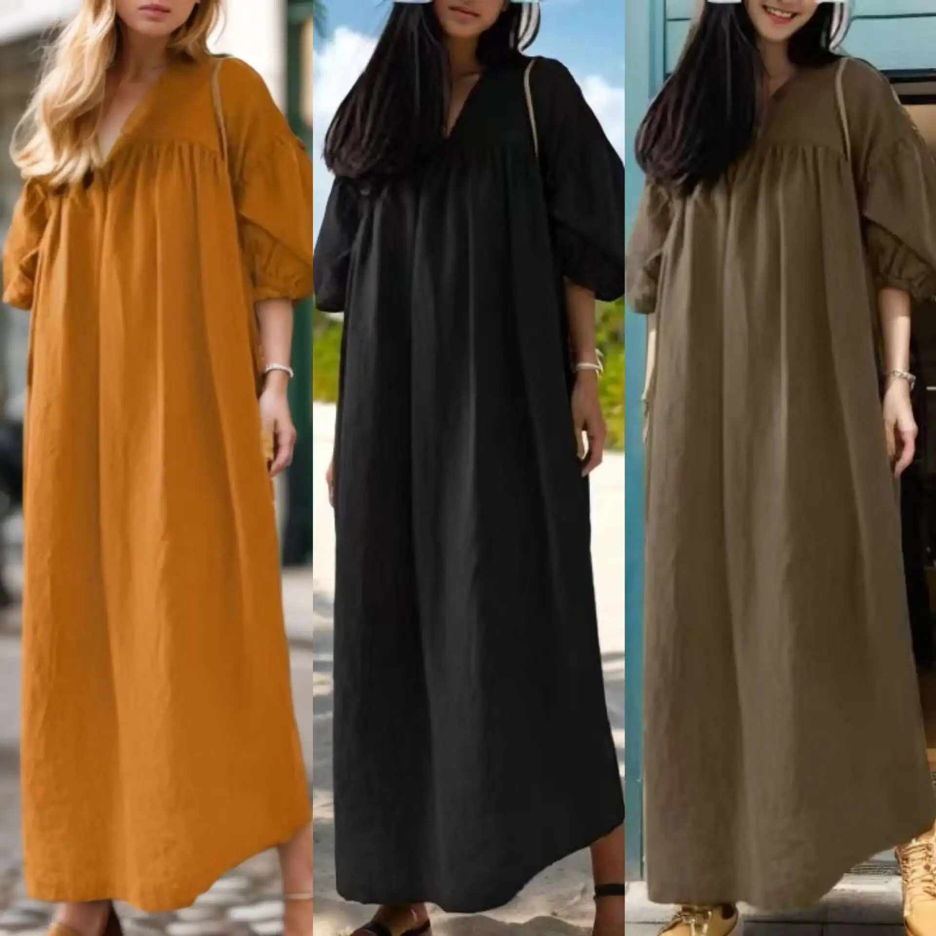 

New Muslim Solid Color Loose V-neck Bubble Sleeve Casual Cotton and Linen Dress Robe Abaya Ramadan Dubai Luxury Islam Elegant