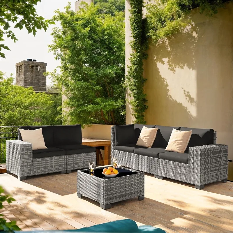 Outdoor Sectional Furniture Set 6-piece Grey Rattan Wicker Conversation Sofa Set with Glass Top Table and Waterproof Covers