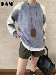 [EAM] Gray Color-block Big Size Knitting Sweater Round Neck Long Sleeve Women Pullovers New Fashion Spring Autumn 2024 1DH7373