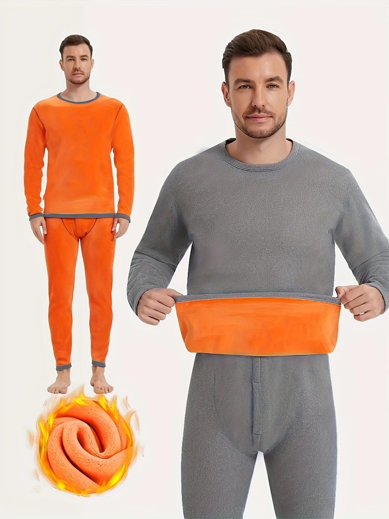 Conjunto térmico masculino de inverno forrado de lã grosso com gola redonda e cor sólida com top e calça para proteção contra frio