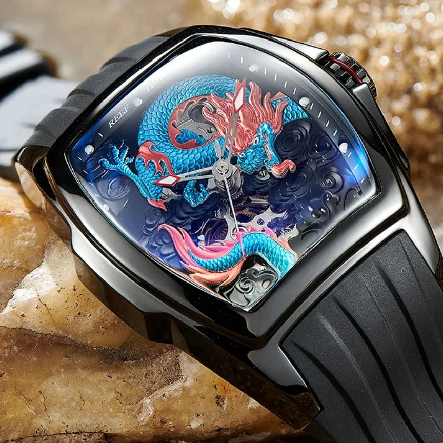 리프 타이거 남성용 오토매틱 시계, 기계식 손목시계, 토노형, 야광, 방수, 사파이어 미러, 스켈레톤 드래곤 다이얼