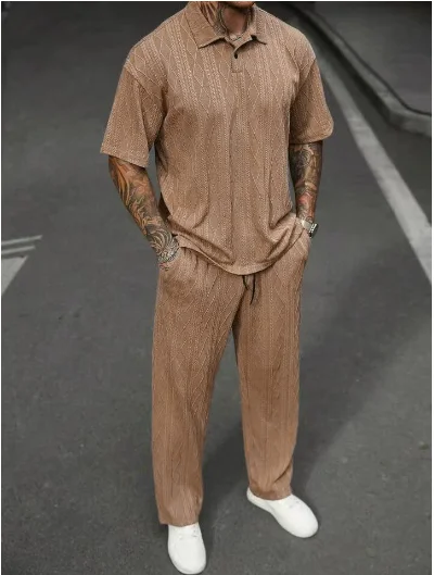Summer Men Solid-color Jacquard Trousers Suit 2025 New Fashion Line Texture Casual lapel Short-sleeved POLO shirt Two-piece set
