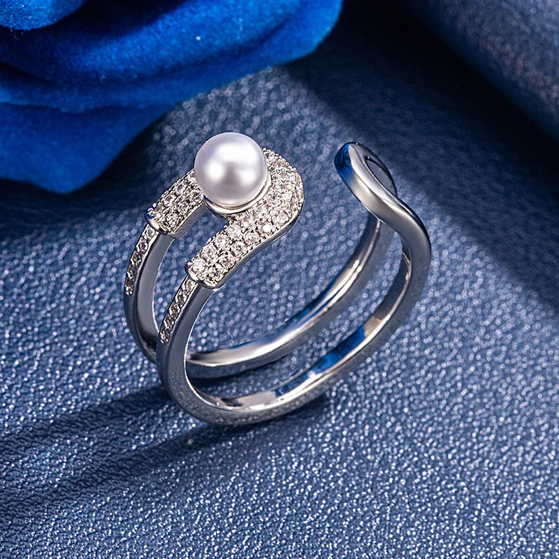 Double-layer Snapback Pearl Ring -Women Micro-set Diamond CZ Adjustable Design - Elegant Wedding Jewelry Gift Lab-Grown Diamonds