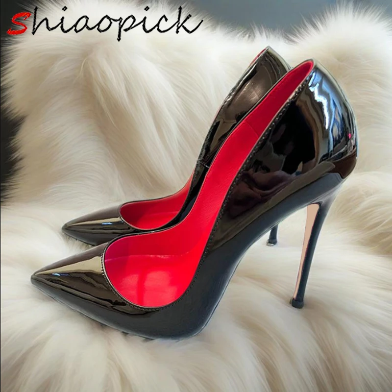 

Classical 12CM Pure Black Thin High Heels Pumps Red inside Stilettos Slip on Celebrity Model Dress Glossy Patent Suit Shoes