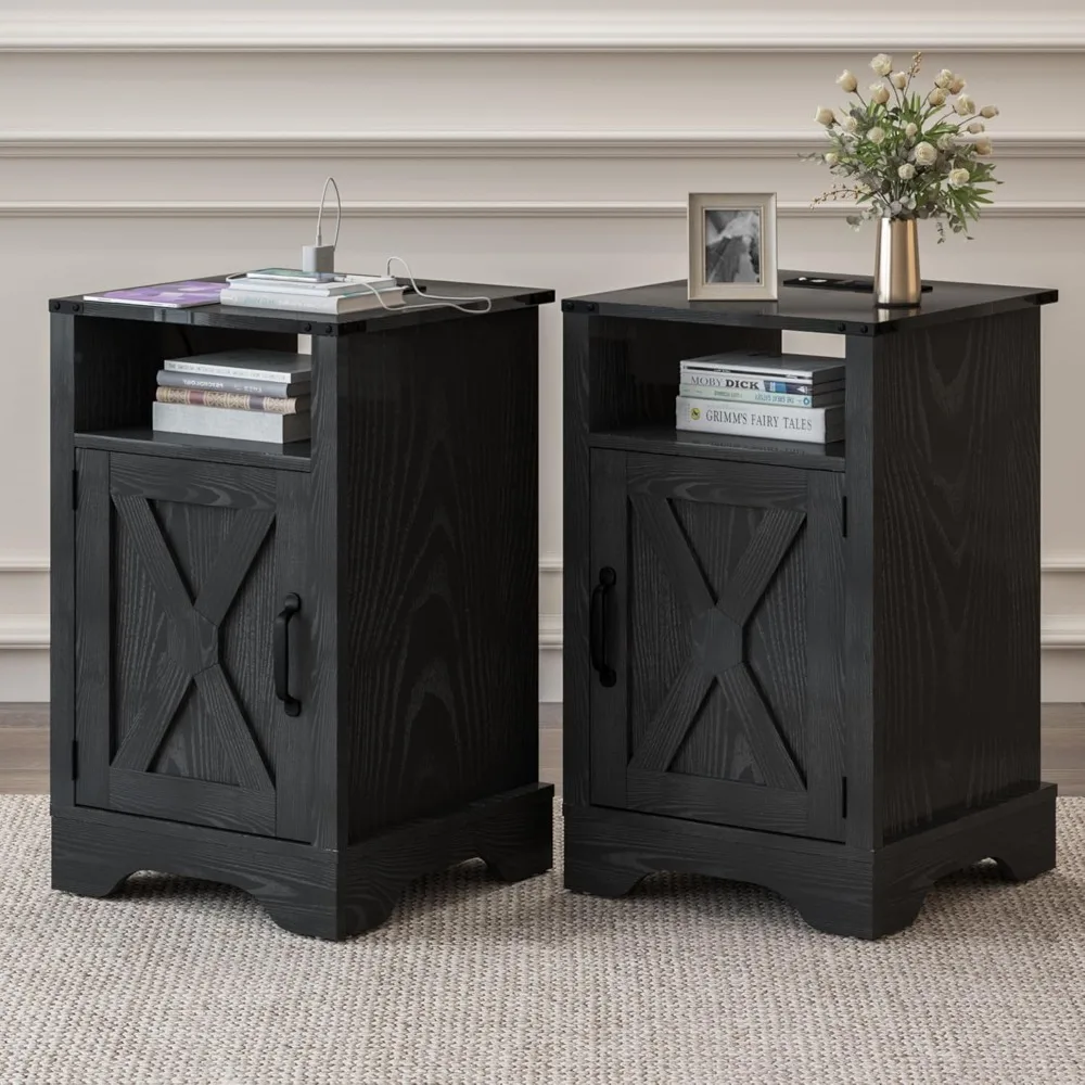 

Farmhouse Nightstand Set of 2, Tall Nightstand with Charging Station, Large Wood End Table with Storage, Black Bedside Table fo