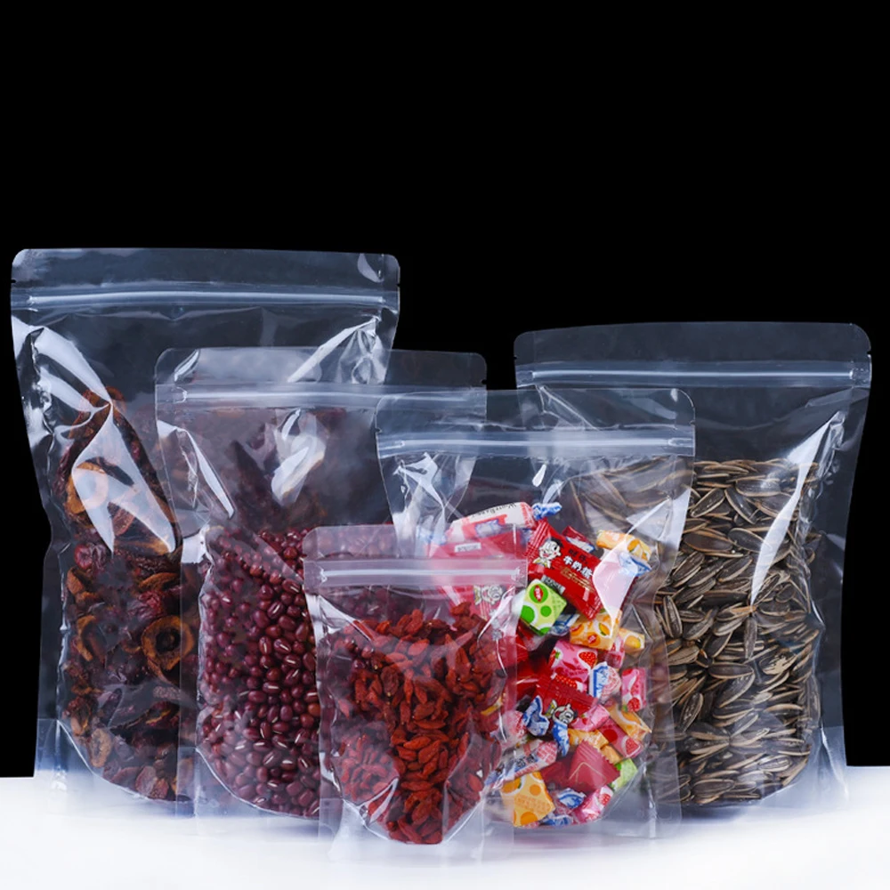 100Pcs/Lot Clear Plastic Zip Lock Stand Up Bag with Round Corner Self Grip Seal Tear Notch Resealable Reusable Food Pouches