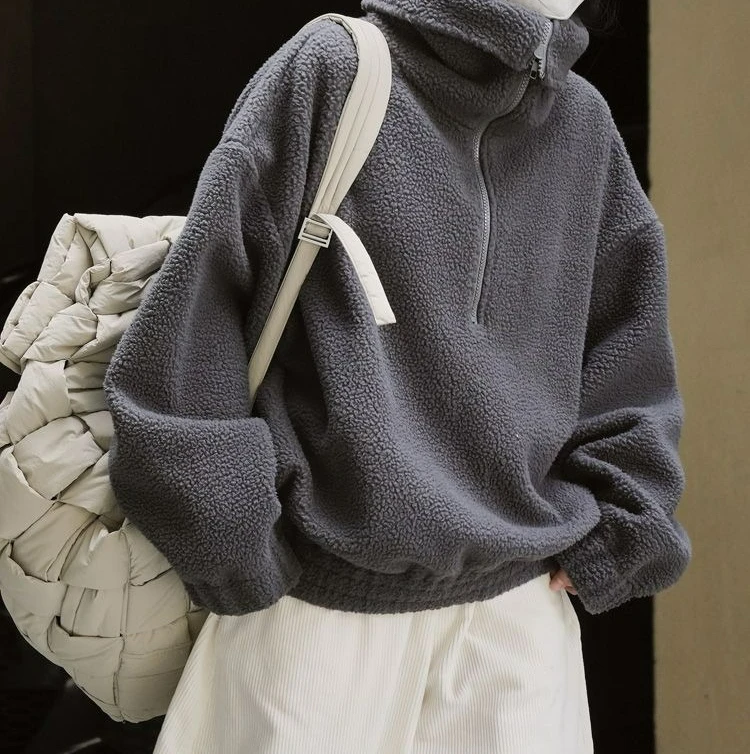 2025 Big Collar Half Zipper Fleece Hoodie Women's Autumn and Winter New Collection Hoodie Loose Top