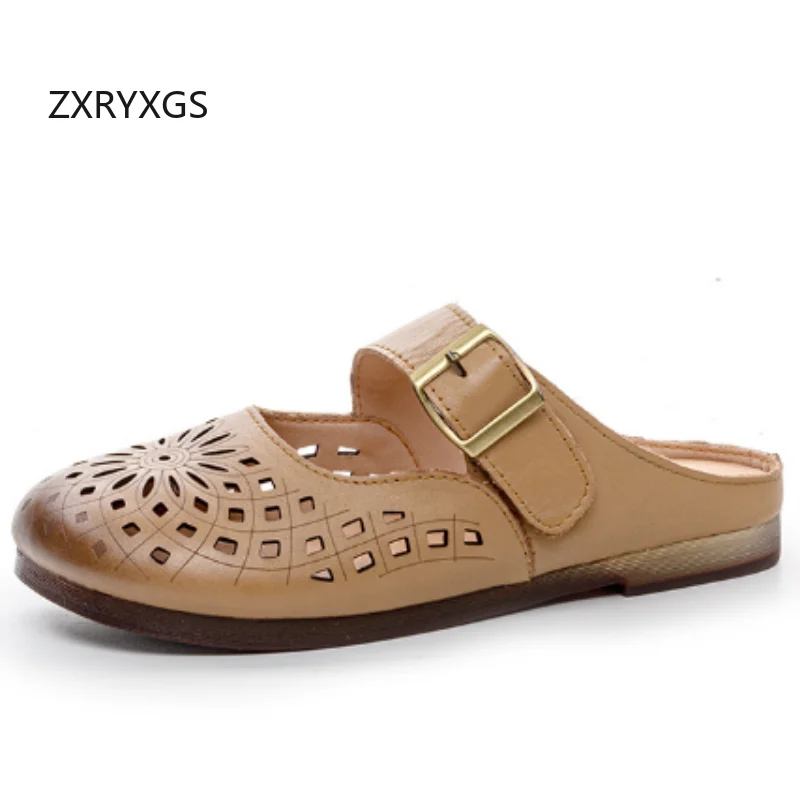 

ZXRYXGS 2025 Summer Women Real Leather Slippers Breathable Hole Hole Shoes Flat Soft Cow Tendon Sole Outside Slipper Large Size