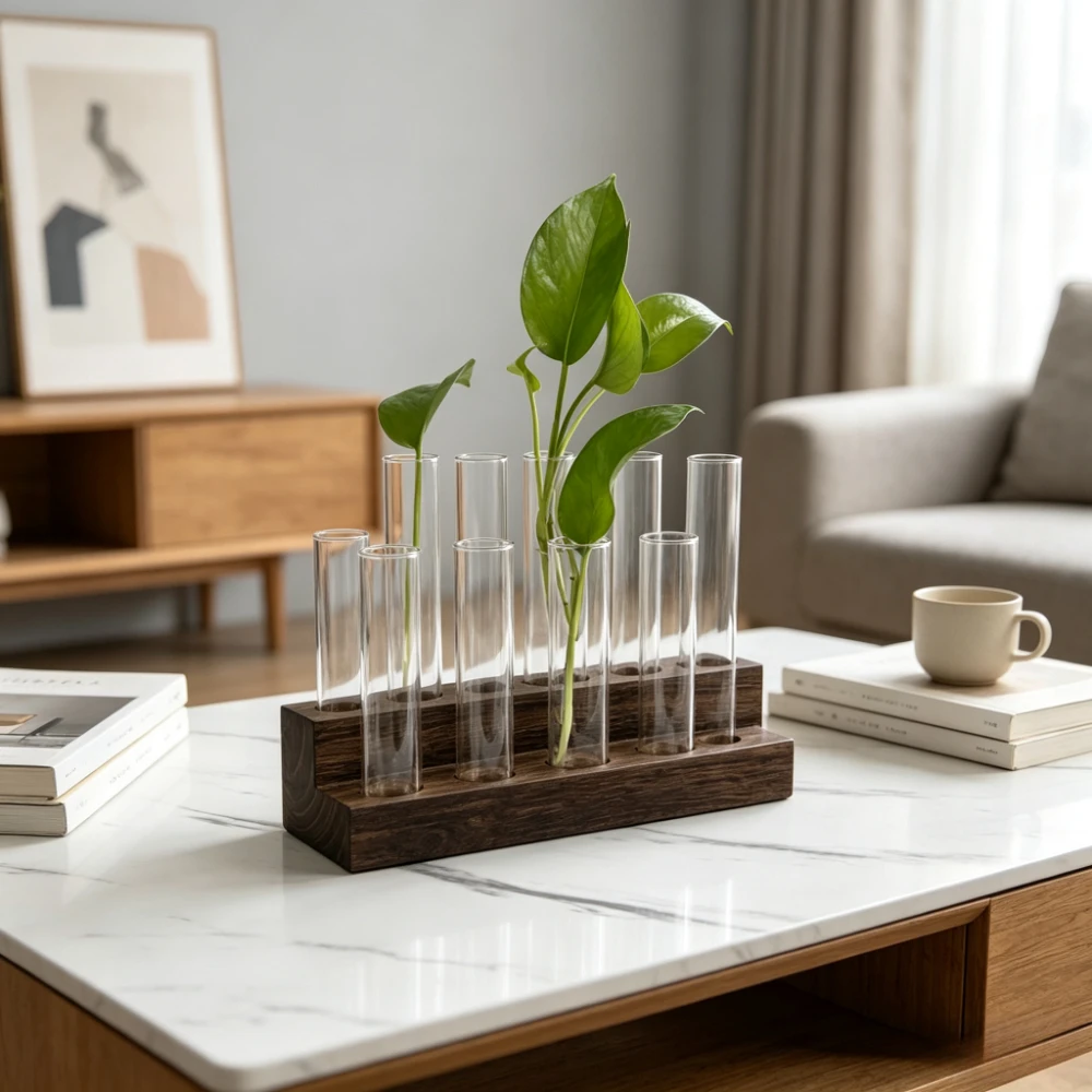 Minimalist Wooden Test Tube Planter Desktop Plant Propagation Station Hydroponic Glass Vase for Home Office Decoration