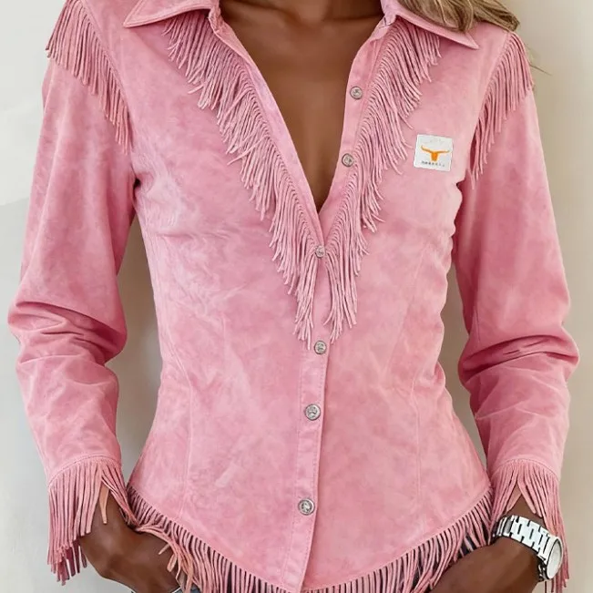 Spring Women's Shirt Western-style Suede Fringed Slim-fit Long-sleeved Shirt Ladies Fashion Daily Commuting Top Shirt 2026