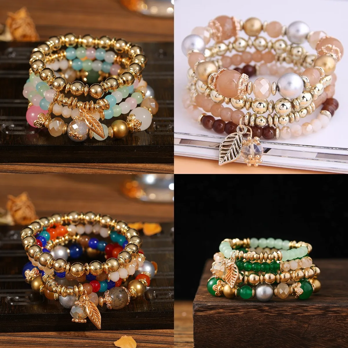 Boho Stretch Bracelet Set (4pcs) with Glass Beads – Elastic Wristband for Women, Fashion Layered Hand Jewelry for Daily Wear