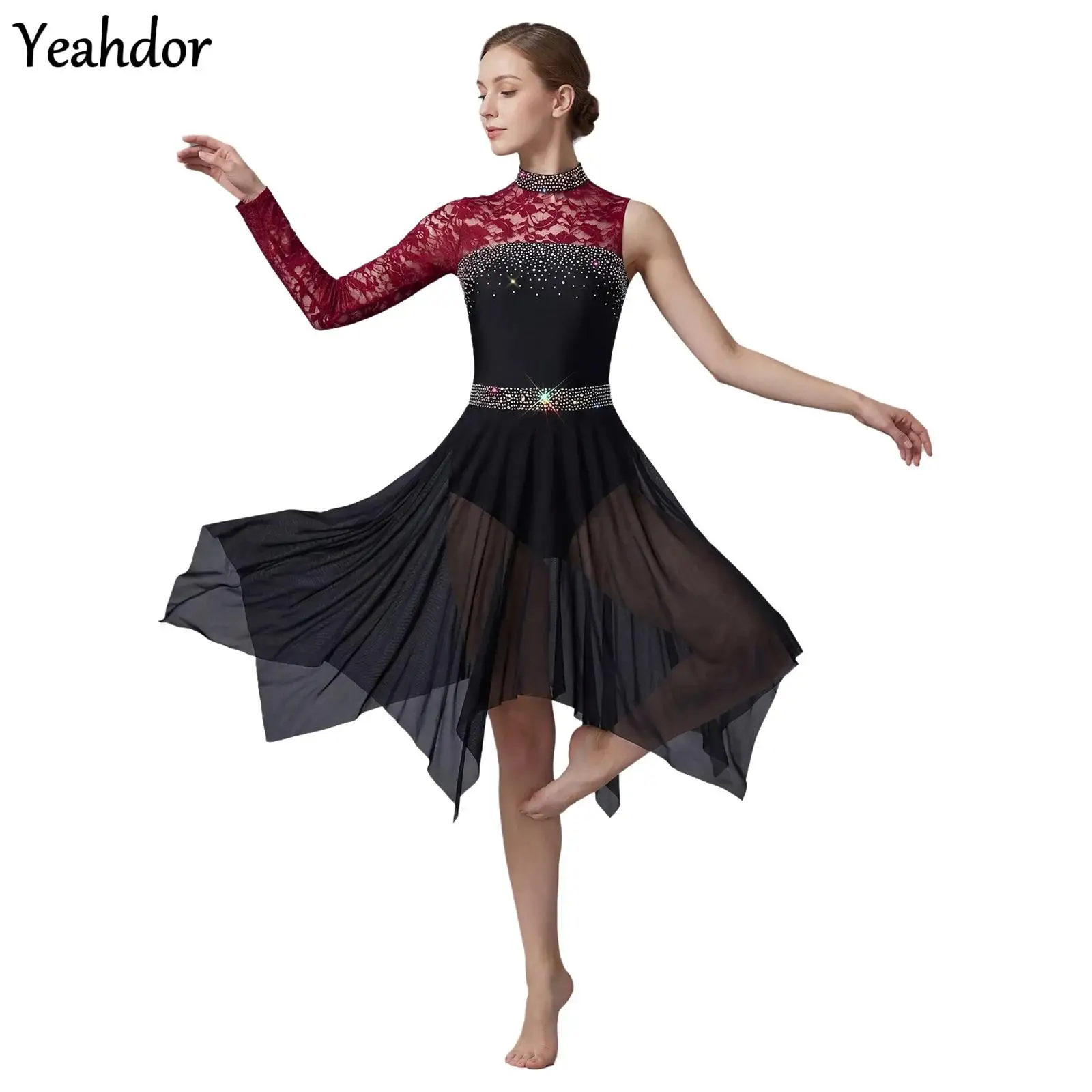 

Women One Shoulder Long Sleeve Ballet Dance Dress Contemporary Dancewear Floral Lace Mesh Rhinestone Waltz Ballet Leotard Dress