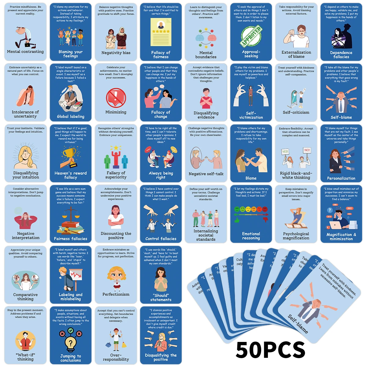 50 cartes de distorsions cognitives imprimées recto-verso, flashcards pour l'anxiété, la dépression et la santé mentale, cartes d'affirmation pour l'autosoins